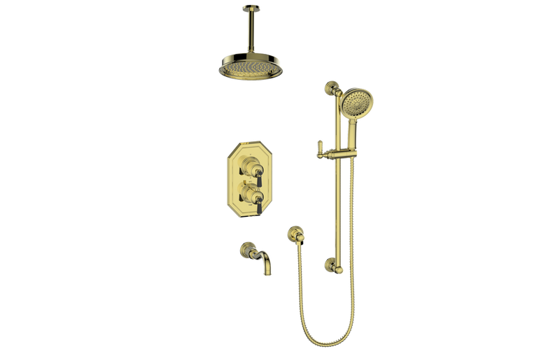Vogt Carinthia 3-Function Thermostatic Tub & Shower System with 8" Rain Head, Hand Shower & Tub Spout – Ceiling-Mount – Brushed Gold / Matte Black – SET.C22.320.316.BGB