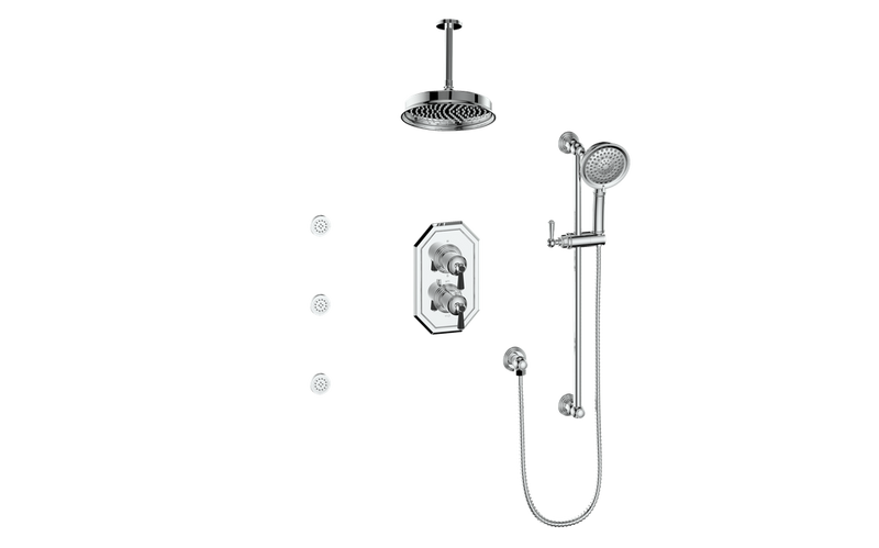 Vogt Carinthia 3-Function Thermostatic Shower System with 8" Rain Head, Hand Shower & Body Jets – Ceiling-Mount – Lever Handle – Chrome / Matte Black – SET.C1.320.816.CB