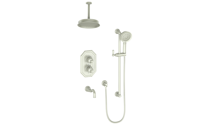 Vogt Carinthia 3-Function Thermostatic Tub & Shower System with 8" Rain Head, Hand Shower & Tub Spout – Ceiling-Mount – Brushed Nickel – SET.C22.320.316.BN