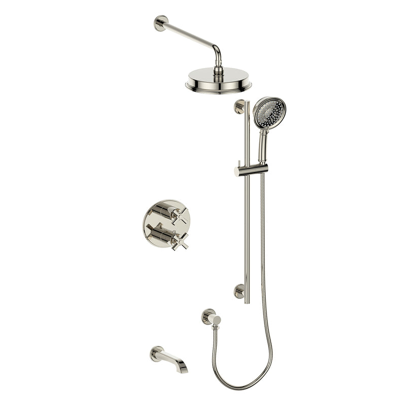 Vogt Zehn 3-Function Thermostatic Tub & Shower System with 8" Rain Head, Hand Shower & Tub Spout – Wall-Mount – Polished Nickel – SET.Z4.320.310.PN