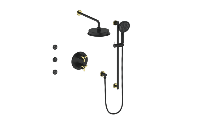 Vogt Zehn 3-Function Thermostatic Shower System with 8" Rain Head, Hand Shower & Body Jets – Wall-Mount – Matte Black / Brushed Gold – SET.Z3.320.810.BGB