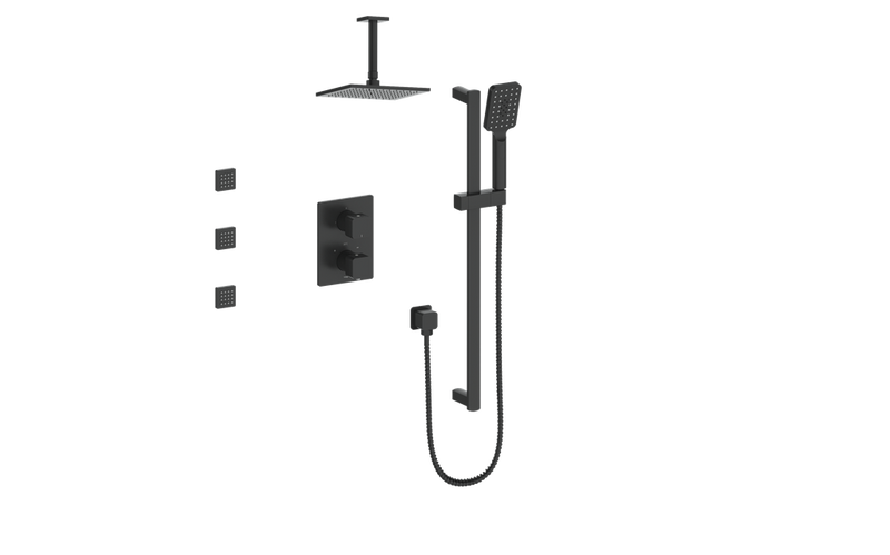 Vogt Niveau 3-Function Thermostatic Shower System with 8" Rain Head, Hand Shower & Body Jets – Ceiling-Mount – Matte Black – SET.NU.320.816.MB