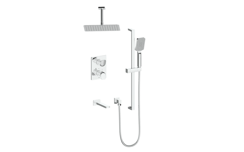 Vogt Antau 3-Function Thermostatic Tub & Shower System with 8"x12" Rain Head, Hand Shower & Tub Spout – Ceiling-Mount – Chrome – SET.AU.320.316.CC