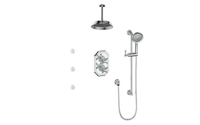 Vogt Carinthia 3-Function Thermostatic Shower System with 8" Rain Head, Hand Shower & Body Jets – Ceiling-Mount – Cross Handle – Chrome – SET.C3.320.816.CC