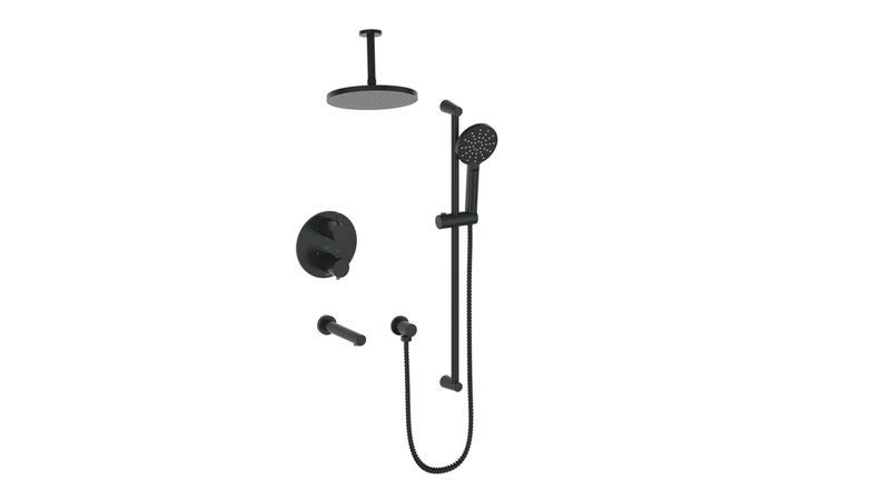 Vogt Worgl 3-Function Thermostatic Tub & Shower System with 10" Rain Head, Hand Shower & Tub Spout – Ceiling-Mount – Matte Black – SET.OR.320.326.MB