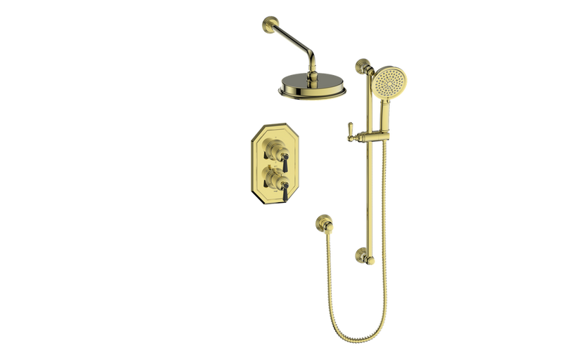 Vogt Carinthia 2-Function Thermostatic Shower System with 8" Rain Head & Hand Shower – Wall-Mount – Lever Handle – Brushed Gold / Matte Black – SET.C1.220.210.BGB