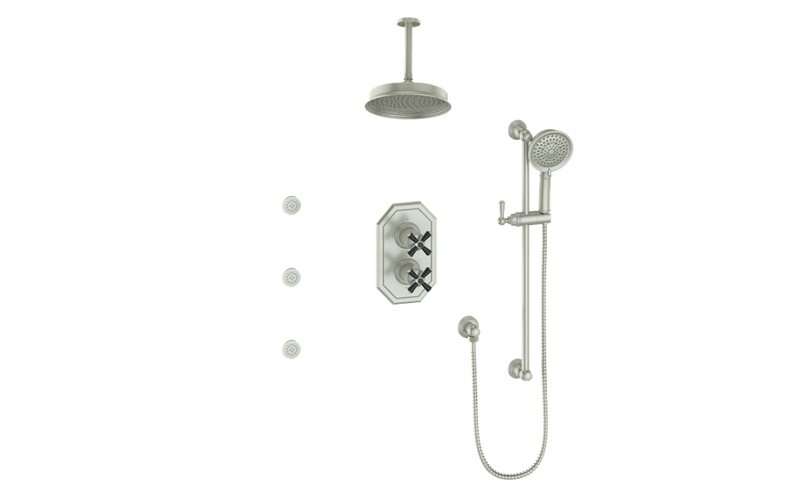 Vogt Carinthia 3-Function Thermostatic Shower System with 8" Rain Head, Hand Shower & Body Jets – Ceiling-Mount – Cross Handle – Brushed Nickel / Matte Black – SET.C3.320.816.BB