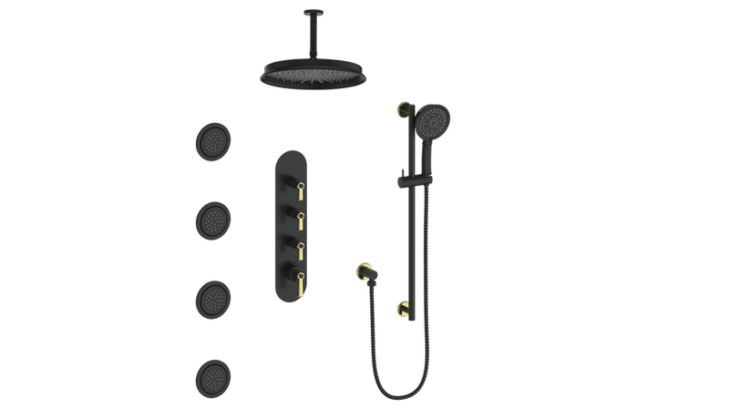 Vogt Zehn 3/4" High-Flow Thermostatic Shower System with 12" Rain Head, Hand Shower & Body Jets – Ceiling-Mount – Matte Black / Brushed Gold – SET.Z1.350.936.BGB