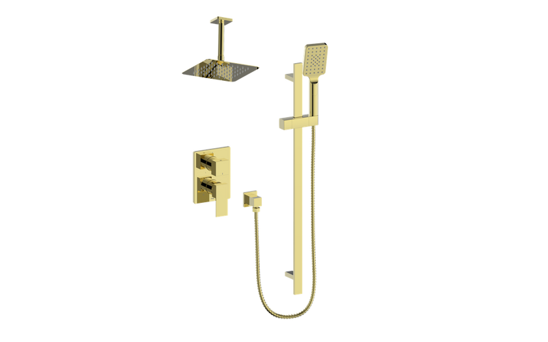 Vogt Kapfenberg 2-Function Pressure-Balanced Shower System with 8" Rain Head & Hand Shower – Ceiling-Mount – Brushed Gold – SET.KG.210.216.BG
