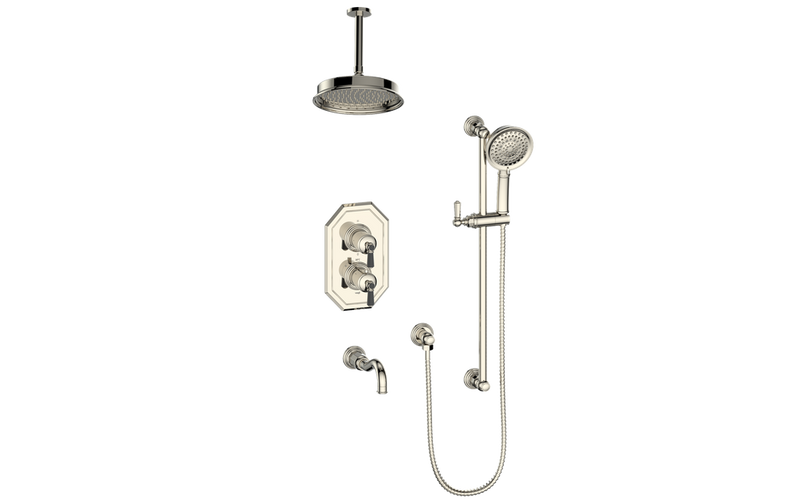 Vogt Carinthia 3-Function Thermostatic Tub & Shower System with 8" Rain Head, Hand Shower & Tub Spout – Ceiling-Mount – Polished Nickel / Matte Black – SET.C22.320.316.PB