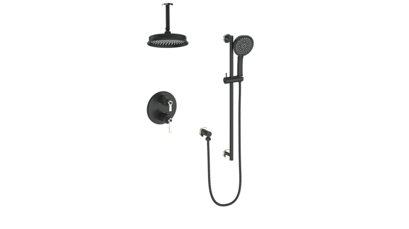 Vogt Zehn 2-Function Thermostatic Shower System with 8" Rain Head & Hand Shower – Ceiling-Mount – Matte Black / Polished Nickel – SET.Z1.220.216.PB