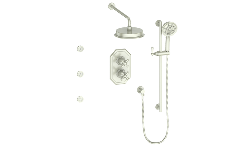 Vogt Carinthia 3-Function Thermostatic Shower System with 8" Rain Head, Hand Shower & Body Jets – Wall-Mount – Cross Handle – Brushed Nickel – SET.C3.320.810.BN
