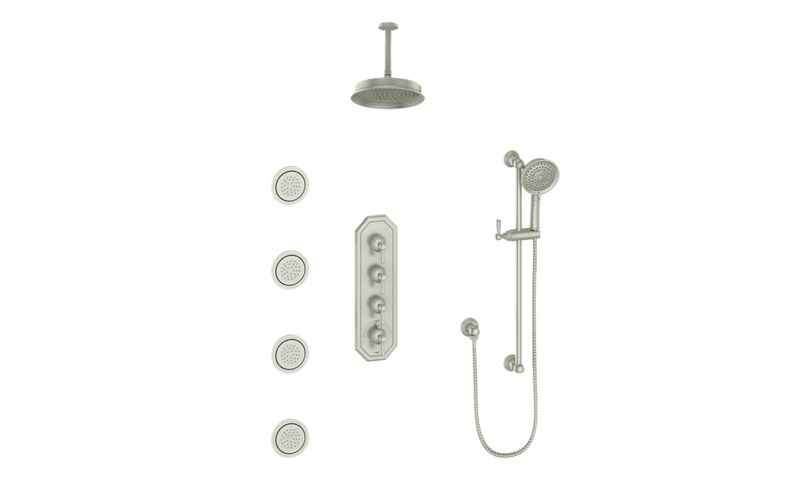 Vogt Carinthia 3/4" High-Flow Thermostatic Shower System with 12" Rain Head, Hand Shower & Body Jets – Ceiling-Mount – Cross Handle – Brushed Nickel – SET.C3.350.936.BN