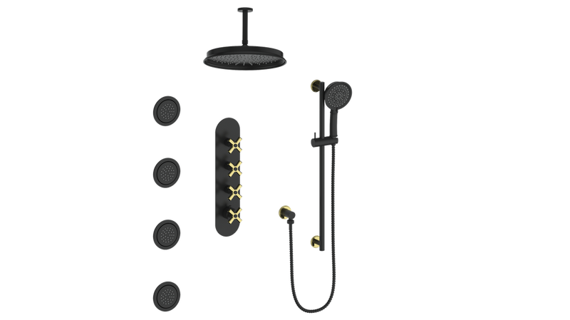 Vogt Zehn 3/4" High-Flow Thermostatic Shower System with 12" Rain Head, Hand Shower & Body Jets – Ceiling-Mount – Matte Black / Brushed Gold – SET.Z4.350.936.BGB