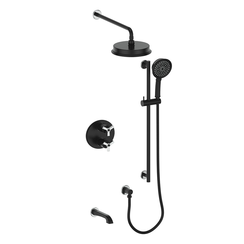 Vogt Zehn 3-Function Thermostatic Tub & Shower System with 8" Rain Head, Hand Shower & Tub Spout – Wall-Mount – Matte Black / Chrome – SET.Z3.320.310.CB