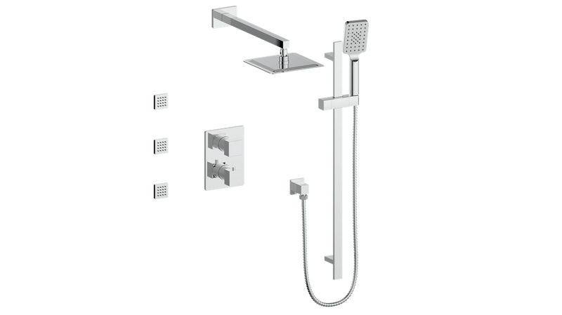 Vogt Kapfenberg 3-Function Thermostatic Shower System with 10" Rain Head, Hand Shower & Body Jets – Wall-Mount – Chrome – SET.KG.320.810.CC