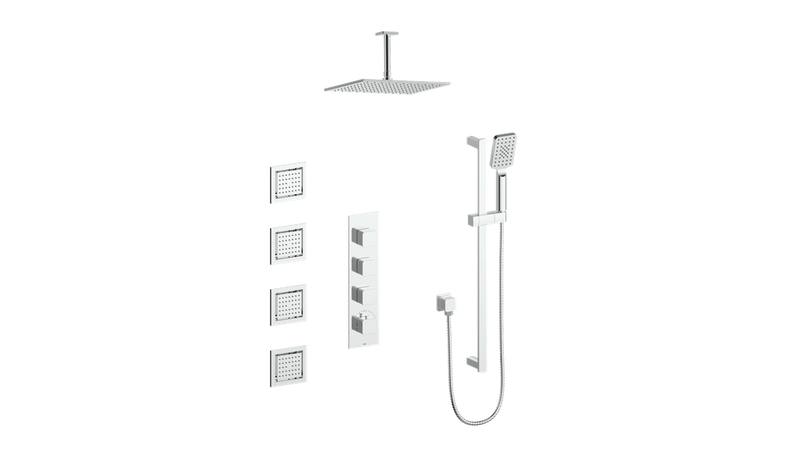 Vogt Niveau 3/4" High-Flow Thermostatic Shower System with 12" Rain Head, Hand Shower & Body Jets – Ceiling-Mount – Chrome – SET.NU.350.936.CC
