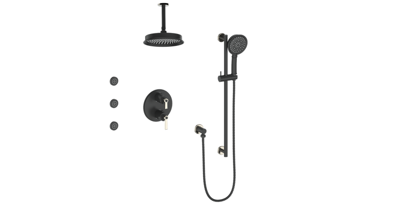 Vogt Zehn 3-Function Thermostatic Shower System with 8" Rain Head, Hand Shower & Body Jets – Ceiling-Mount – Matte Black / Polished Nickel – SET.Z1.320.816.PB