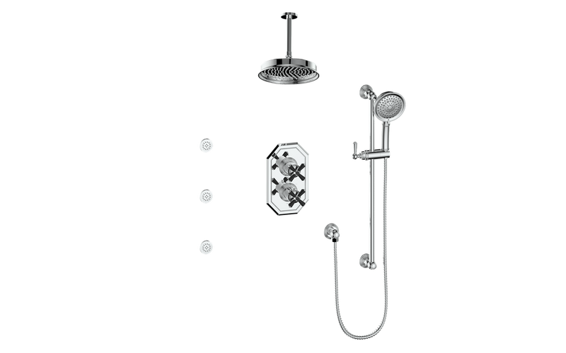Vogt Carinthia 3-Function Thermostatic Shower System with 8" Rain Head, Hand Shower & Body Jets – Ceiling-Mount – Cross Handle – Chrome / Matte Black – SET.C3.320.816.CB