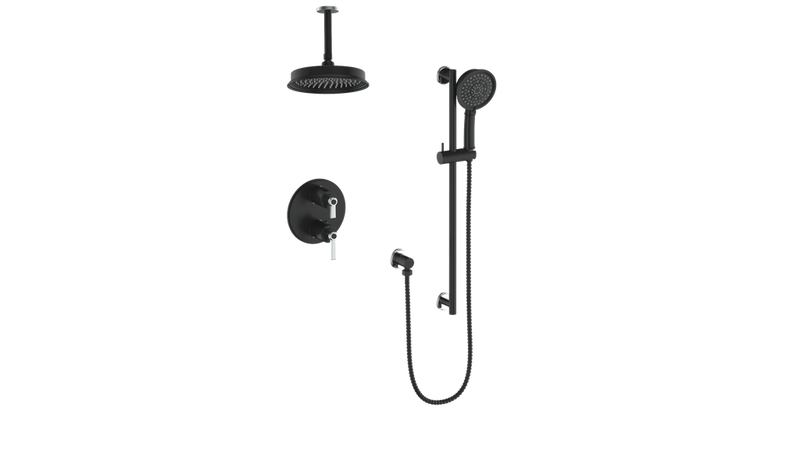 Vogt Zehn 2-Function Thermostatic Shower System with 8" Rain Head & Hand Shower – Ceiling-Mount – Matte Black / Stainless Steel – SET.Z1.220.216.SB