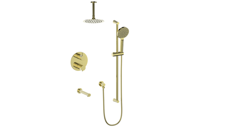 Vogt Worgl 3-Function Thermostatic Tub & Shower System with 8" Rain Head, Hand Shower & Tub Spout – Ceiling-Mount – Brushed Gold – SET.WL.320.316.BG