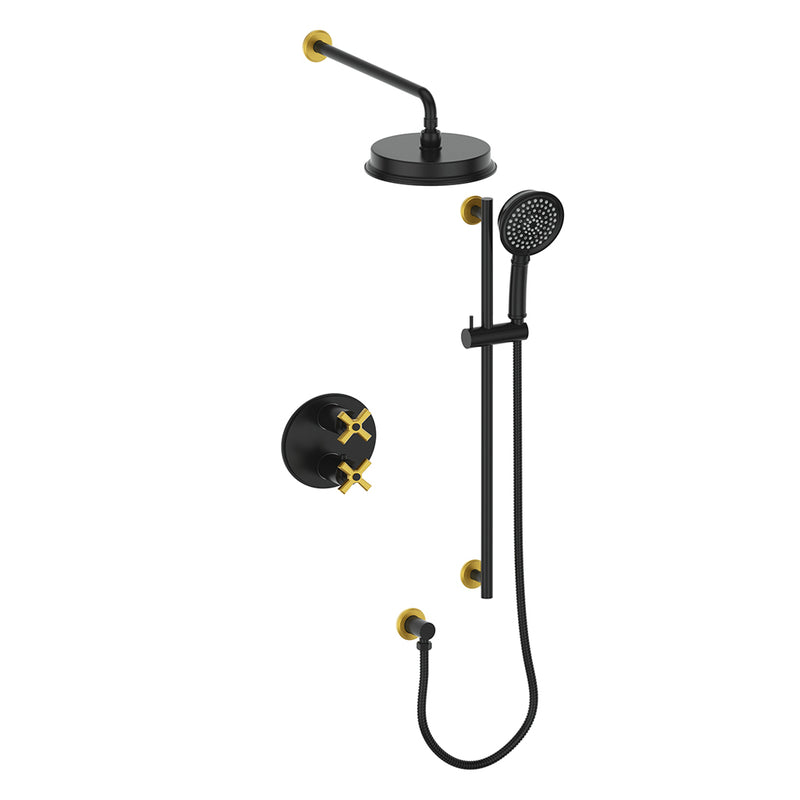 Vogt Zehn 2-Function Thermostatic Shower System with 8" Rain Head & Hand Shower – Wall-Mount – Matte Black / Brushed Gold – SET.Z4.220.210.BGB