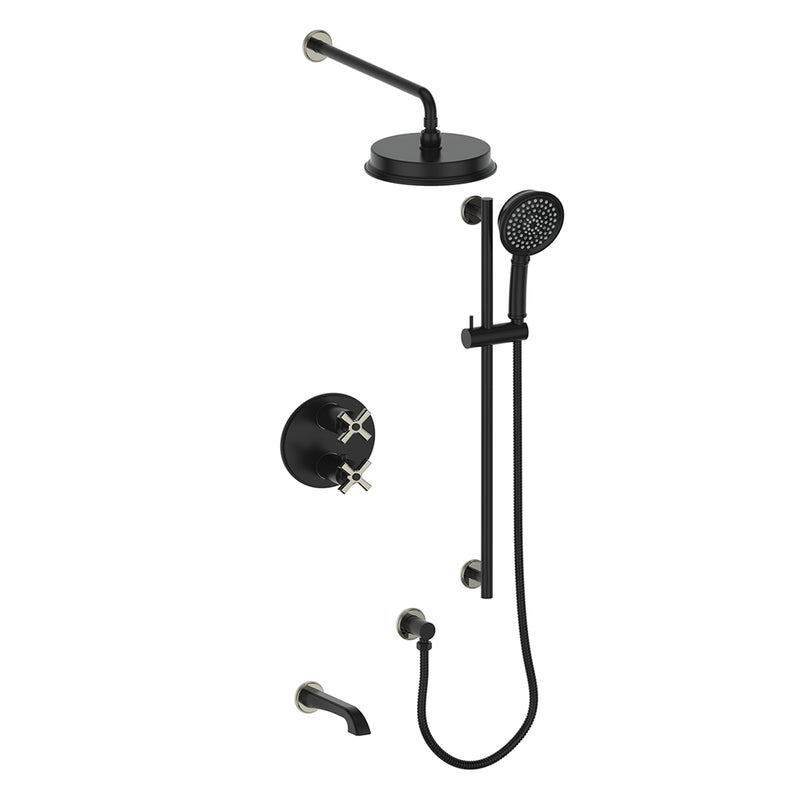 Vogt Zehn 3-Function Thermostatic Tub & Shower System with 8" Rain Head, Hand Shower & Tub Spout – Wall-Mount – Matte Black / Polished Nickel – SET.Z4.320.310.PB