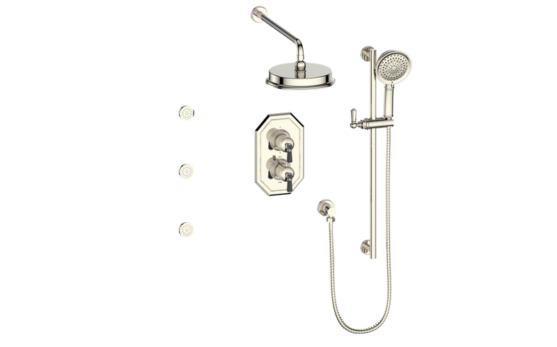 Vogt Carinthia 3-Function Thermostatic Shower System with 8" Rain Head, Hand Shower & Body Jets – Wall-Mount – Octagonal Handle – Polished Nickel / Matte Black – SET.C2.320.810.PB