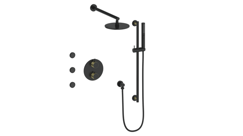 Vogt Drava 3-Function Thermostatic Shower System with 8" Rain Head, Hand Shower & Body Jets – Wall-Mount – Matte Black / Brushed Gold – SET.DA.320.810.BGB
