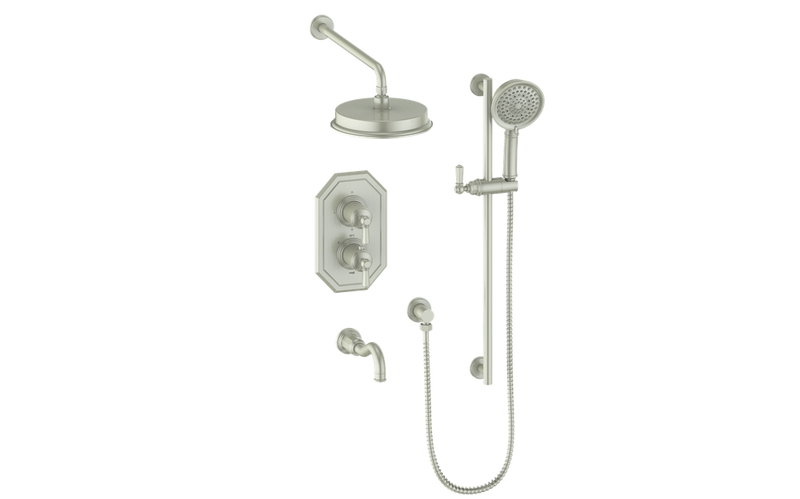 Vogt Carinthia 3-Function Thermostatic Tub & Shower System with 8" Rain Head, Hand Shower & Tub Spout – Wall-Mount – Brushed Nickel – SET.C22.320.310.BN