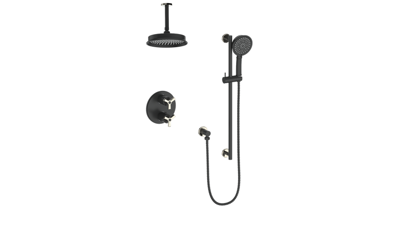 Vogt Zehn 2-Function Thermostatic Shower System with 8" Rain Head & Hand Shower – Ceiling-Mount – Matte Black / Polished Nickel – SET.Z3.220.216.PB