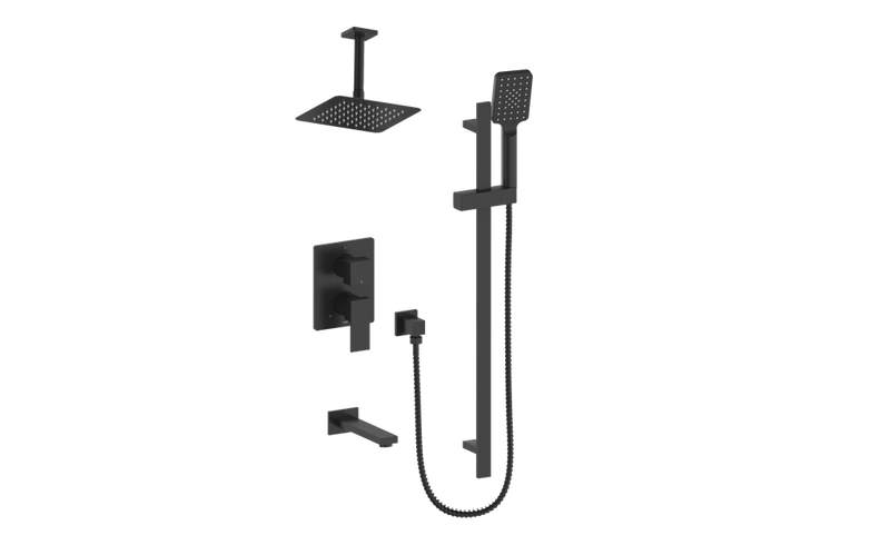 Vogt Kapfenberg 3-Function Pressure-Balanced Tub & Shower System with 8" Rain Head, Hand Shower & Tub Spout – Ceiling-Mount – Matte Black – SET.KG.310.316.MB