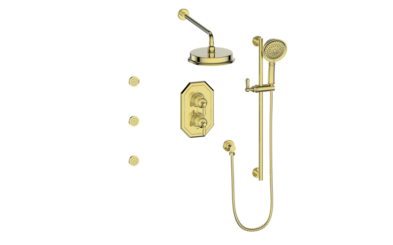 Vogt Carinthia 3-Function Thermostatic Shower System with 8" Rain Head, Hand Shower & Body Jets – Wall-Mount – Octagonal Handle – Brushed Gold – SET.C2.320.810.BG
