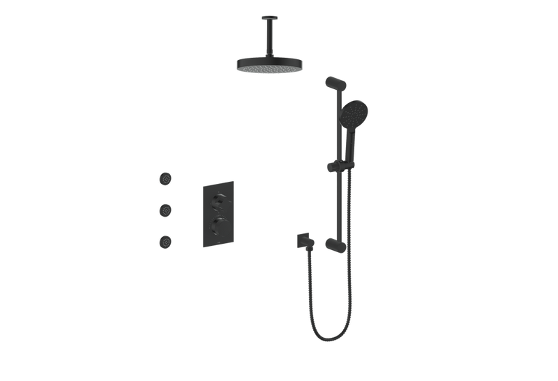 Vogt Mond 3-Function Thermostatic Shower System with 10" Rain Head, Hand Shower & Body Jets – Ceiling-Mount – Matte Black – SET.M2.320.816.MB