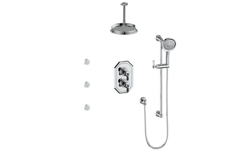 Vogt Carinthia 3-Function Thermostatic Shower System with 8" Rain Head, Hand Shower & Body Jets – Ceiling-Mount – Octagonal Handle – Chrome / Matte Black – SET.C2.320.816.CB