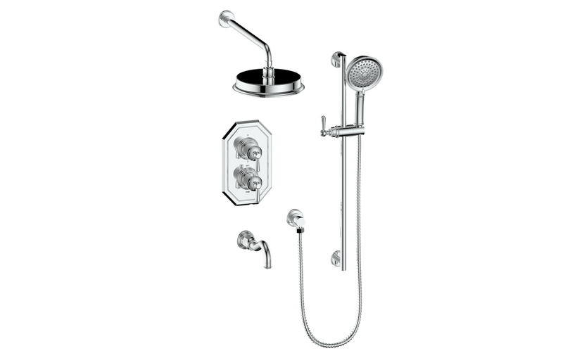 Vogt Carinthia 3-Function Thermostatic Tub & Shower System with 8" Rain Head, Hand Shower & Tub Spout – Wall-Mount – Chrome – SET.C12.320.310.CC