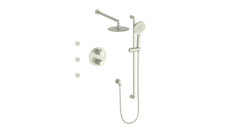 Vogt Worgl 3-Function Thermostatic Shower System with 8" Rain Head, Hand Shower & Body Jets – Wall-Mount – Brushed Nickel – SET.WL.320.810.BN