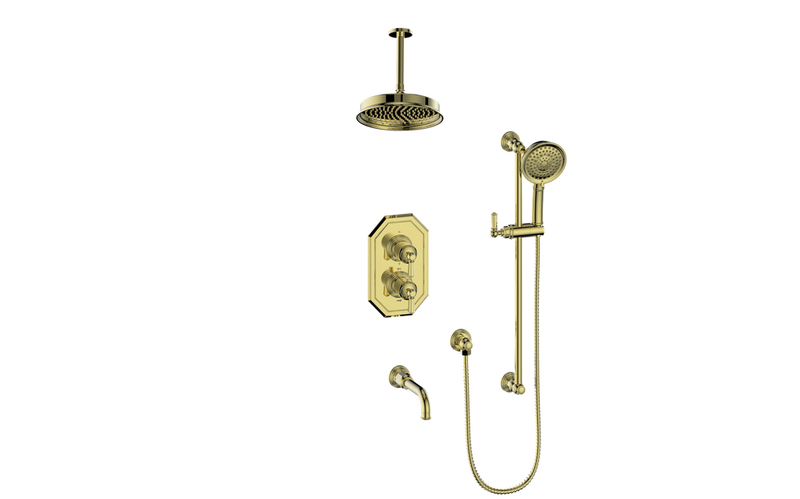 Vogt Carinthia 3-Function Thermostatic Tub & Shower System with 8" Rain Head, Hand Shower & Tub Spout – Ceiling-Mount – Brushed Gold – SET.C21.320.316.BG