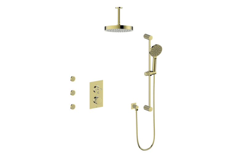 Vogt Mond 3-Function Thermostatic Shower System with 10" Rain Head, Hand Shower & Body Jets – Ceiling-Mount – Brushed Gold – SET.M3.320.816.BG