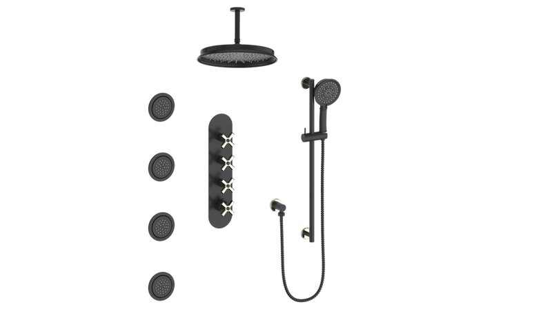 Vogt Zehn 3/4" High-Flow Thermostatic Shower System with 12" Rain Head, Hand Shower & Body Jets – Ceiling-Mount – Matte Black / Polished Nickel – SET.Z4.350.936.PB