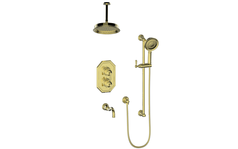 Vogt Carinthia 3-Function Thermostatic Tub & Shower System with 8" Rain Head, Hand Shower & Tub Spout – Ceiling-Mount – Brushed Gold – SET.C12.320.316.BG