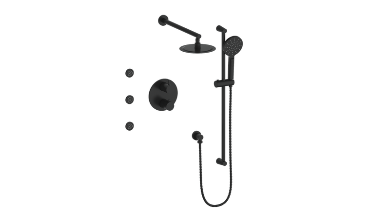 Vogt Worgl 3-Function Thermostatic Shower System with 8" Rain Head, Hand Shower & Body Jets – Wall-Mount – Matte Black – SET.WL.320.810.MB