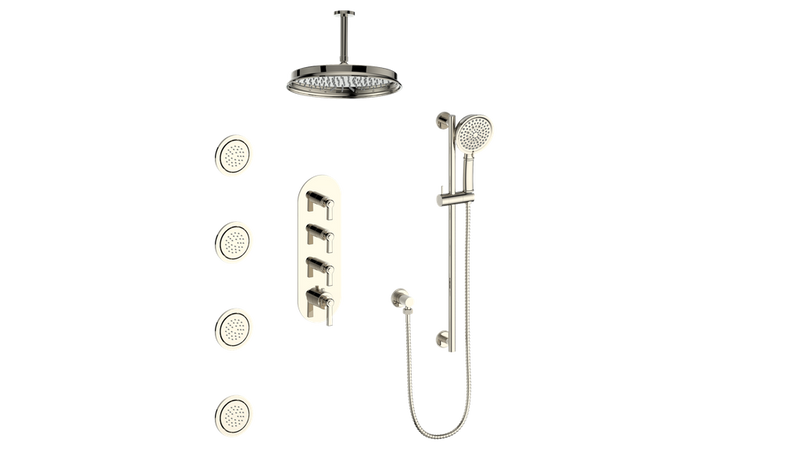 Vogt Zehn 3/4" High-Flow Thermostatic Shower System with 12" Rain Head, Hand Shower & Body Jets – Ceiling-Mount – Polished Nickel – SET.Z1.350.936.PN