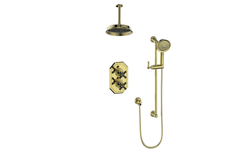 Vogt Carinthia 2-Function Thermostatic Shower System with 8" Rain Head & Hand Shower – Ceiling-Mount – Cross Handle – Brushed Gold / Matte Black – SET.C3.220.216.BGB