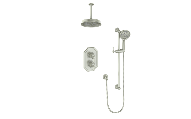 Vogt Carinthia 2-Function Thermostatic Shower System with 8" Rain Head & Hand Shower – Ceiling-Mount – Octagonal Handle – Brushed Nickel – SET.C2.220.216.BN
