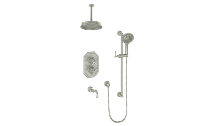 Vogt Carinthia 3-Function Thermostatic Tub & Shower System with 8" Rain Head, Hand Shower & Tub Spout – Ceiling-Mount – Brushed Nickel – SET.C32.320.316.BN