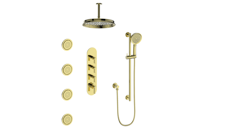 Vogt Zehn 3/4" High-Flow Thermostatic Shower System with 12" Rain Head, Hand Shower & Body Jets – Ceiling-Mount – Brushed Gold – SET.Z1.350.936.BG