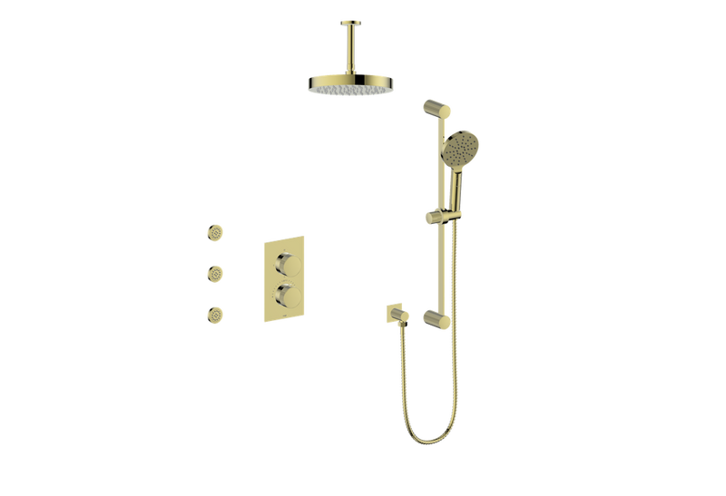 Vogt Mond 3-Function Thermostatic Shower System with 10" Rain Head, Hand Shower & Body Jets – Ceiling-Mount – Brushed Gold – SET.M1.320.816.BG