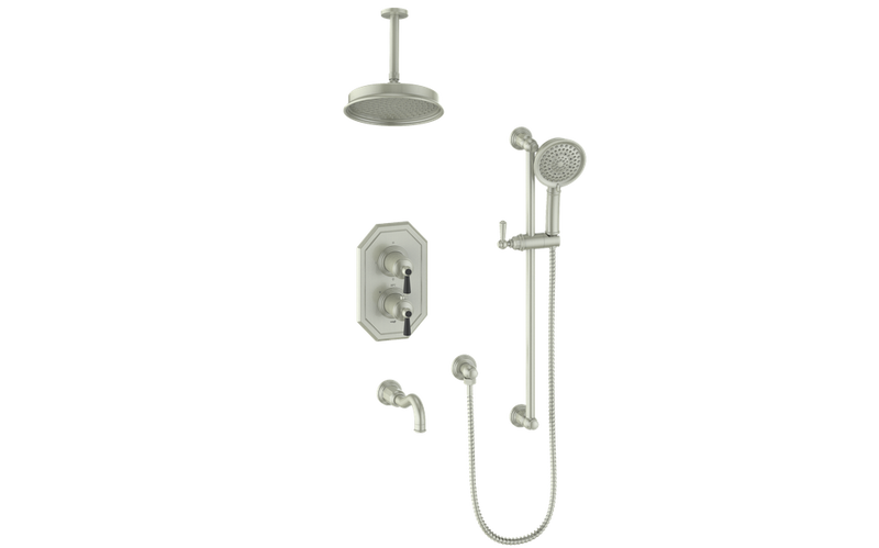 Vogt Carinthia 3-Function Thermostatic Tub & Shower System with 8" Rain Head, Hand Shower & Tub Spout – Ceiling-Mount – Brushed Nickel / Matte Black – SET.C12.320.316.BB