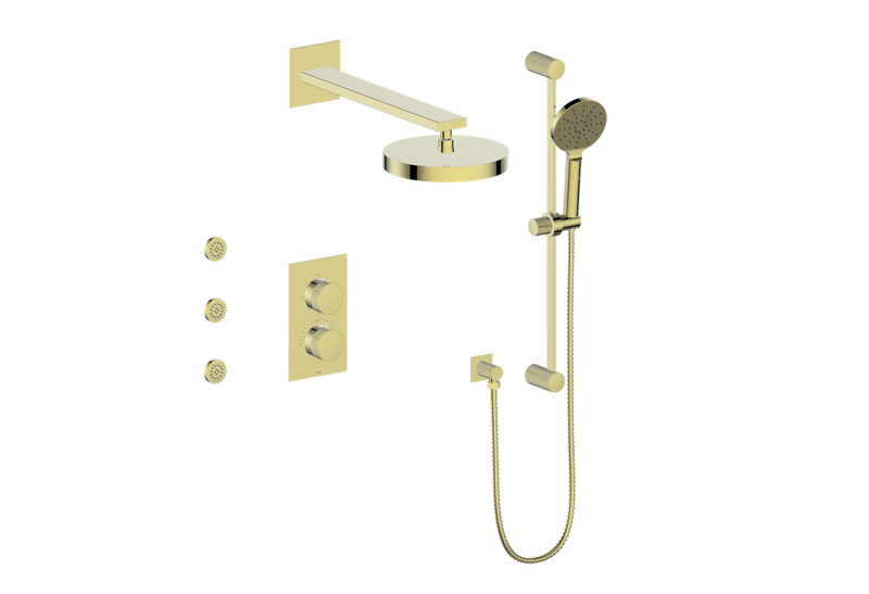 Vogt Mond 3-Function Thermostatic Shower System with 10" Rain Head, Hand Shower & Body Jets – Wall-Mount – Brushed Gold – SET.M1.320.810.BG